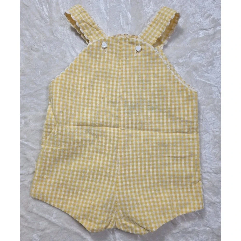 Vintage 80s Heircraft By Freitag Baby Romper 18M Yellow Gingham Lamb